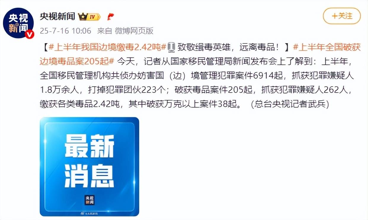 上半年全国破获边境毒品案205起，缴获各类毒品2.42吨